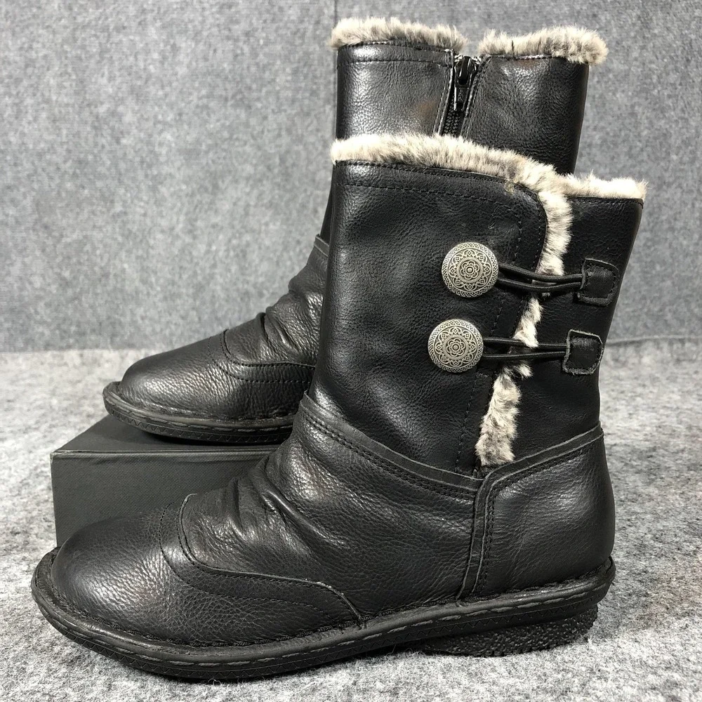 Tara M Boots Womens Size 7.5 Black Leather Ankle Faux Fur Lined Wedge Winter‎